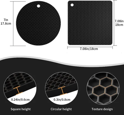 Miniatura 6 de Paquete de 4 salvamanteles de silicona para ollas y sartenes calientes, soportes negros para ollas calientes, tapetes de silicona antideslizantes