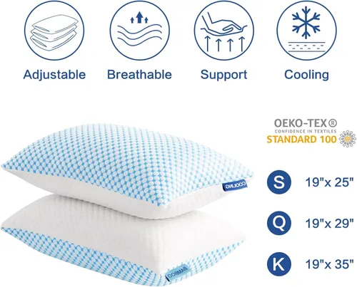 Miniatura 5 de EASELAND Almohadas firmes de espuma viscoelástica triturada con relleno ajustable, juego de 2 fundas de enfriamiento extraíbles para personas que