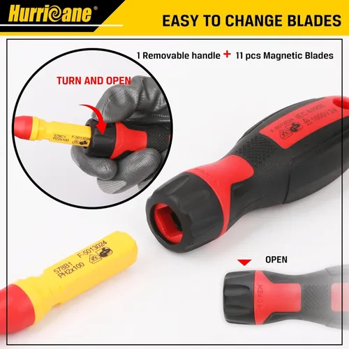 Miniatura 4 de HURRICANE Juego de destornilladores aislados para electricista profesional de 13 piezas, 1000V Cr-V punta magnética, herramientas eléctricas
