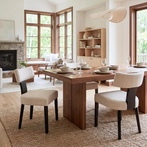 Miniatura 8 de Juego de 2 sillas de comedor de madera negra, sillas tapizadas de lino beige para cocina y comedor con respaldo medio, sillas laterales modernas