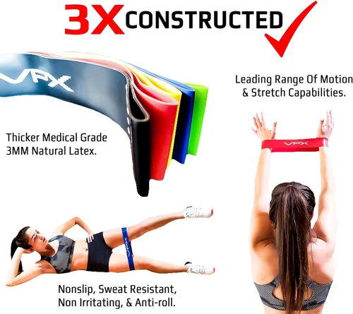 Miniatura 2 de VPX Bandas de ejercicio de resistencia Juego de 5 Hombres y mujeres No rozaduras, látex natural, no irritante Accesorios de entrenamiento
