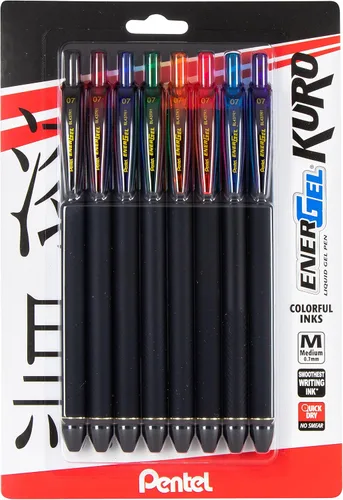 Pentel EnerGel Kuro - Bolígrafo de gel líquido, (punta de 1/32 pulgadas - 0.7 mm) línea media, tinta surtida, paquete de 8 (BL437R1BP8M)