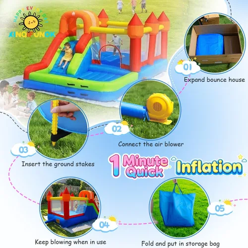 Miniatura 7 de Casa de rebote para niños con tobogán, casa inflable fácil de desinflar para niños pequeños, castillo de salto inflable al aire libre con soplador