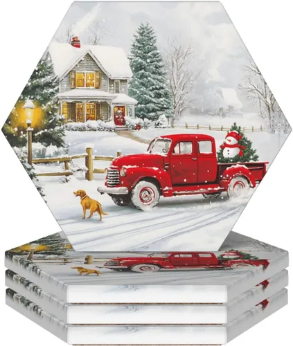 Miniatura 24 de Juego de 4 posavasos rojos de Navidad para mesa de café, tazas, bar, cerveza, escritorio, posavasos redondos de cerámica absorbente para mesa