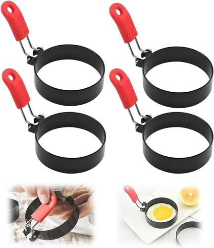 Miniatura 10 de Anillos de huevo para freír, anillos de huevo de acero inoxidable para freír anillos de huevo con mango de silicona, anillos redondos de 3.5 Naranja