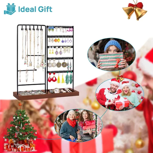 Miniatura 7 de Vtopmart Soporte organizador de joyas para aretes, collares, anillos, pulseras, exhibición y almacenamiento, con 90 agujeros, 12 ganchos, negro +