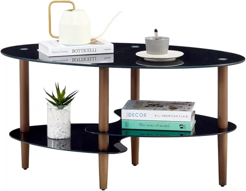 Miniatura 6 de Mesa de centro de cristal negro, mesa moderna ovalada para sala de estar con almacenamiento, patas de madera de roble, mesa central de vidrio