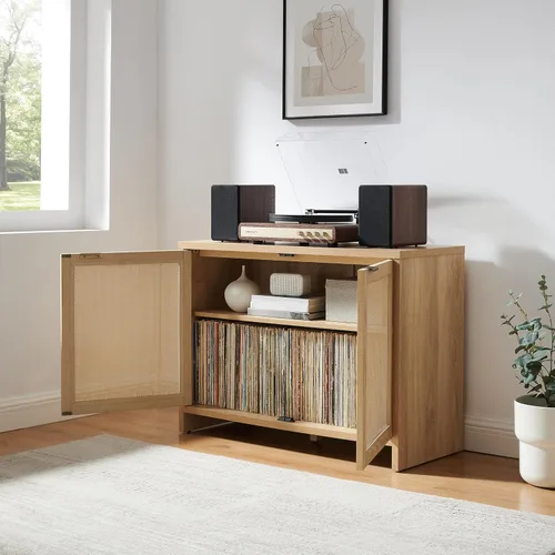 Miniatura 8 de Crosley Furniture Kenji - Armario para tocadiscos con almacenamiento de vinilo, soporte multimedia, organizador moderno para el hogar
