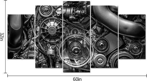 Miniatura 6 de VVOVV Wall Decor - Impresiones en lienzo de 5 piezas de equipo de ingeniería de motor y cadena, fotos en blanco y negro, arte de pared, decoración