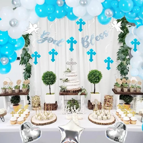 Miniatura 5 de Elkanah Decoraciones de bautismo, bautizo, comunión: pancarta blanca y plateada de Dios bendita, decoración de pastel de cruz, globos, ángeles, tira
