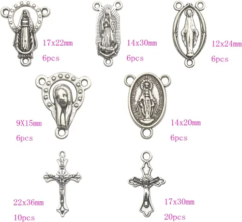 Miniatura 2 de 60 piezas de plata antigua estilo tibetano rosario cruz y centro milagroso medalla con cruz de crucifijo de aleación colgantes y eslabones de araña