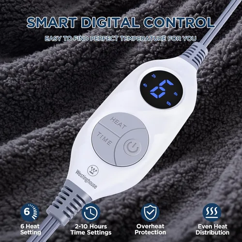 Miniatura 2 de Westinghouse Manta Eléctrica Tamaño Throw, Manta Térmica de Felpa Suave Sherpa con 6 Niveles de Calefacción y 2-10 Horas de Apagado Automático, Gris
