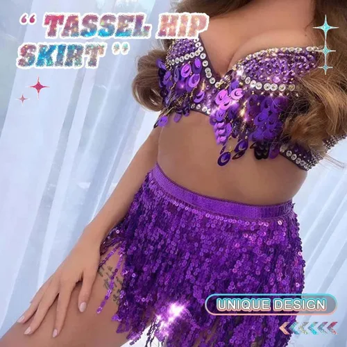 Miniatura 6 de REETAN Falda Boho para danza del vientre con lentejuelas, mascada de cadera con flecos y borlas falda para fiestas, bailes,actuaciones y disfraces