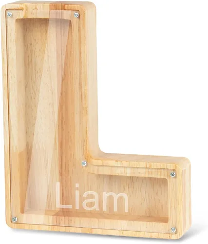 Miniatura 21 de Alcancía con nombre personalizado, 26 letras láser con texto personalizado, banco de monedas de madera, significado educativo, alcancía con nombre