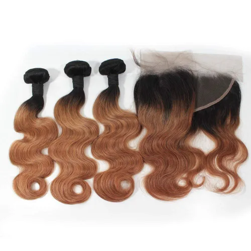 Miniatura 7 de 1B/27 rubio ombre brasileño virgen paquetes con cierres 4pcs lote cuerpo onda 12 con 10 pulgadas ombre encaje cierre con teje pelo