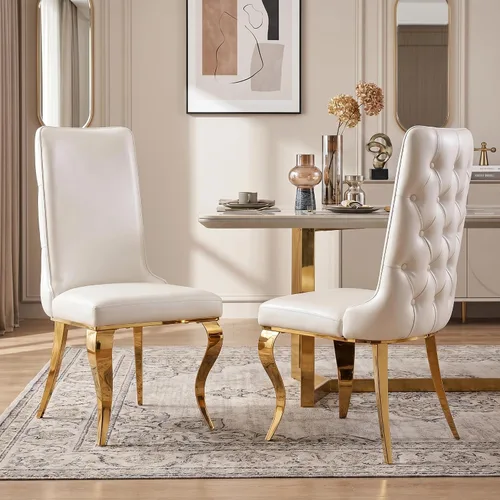 AUZ Sillas de comedor blancas y doradas, sillas tapizadas de piel sintética blanca con respaldo copetudo y patas curvadas de acero inoxidable