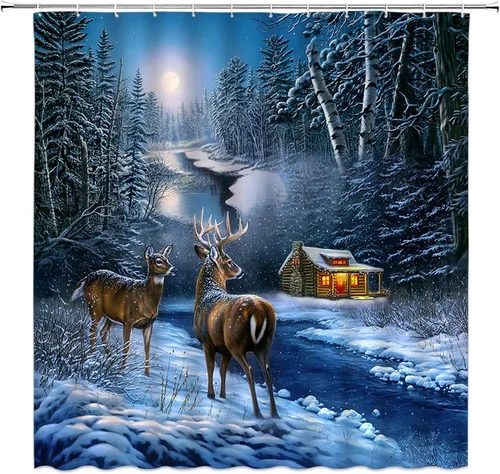 Miniatura 2 de Cortina de ducha de ciervos de Navidad, bosque nevado, ciervos, granja, renos, naturaleza, nevado, paisaje, tela, juego de cortinas de baño