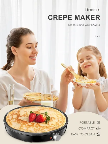 Miniatura 7 de Reemix - Máquina para hacer crepas, plancha compacta para panqueques, control de temperatura preciso, plancha eléctrica antiadherente de 12