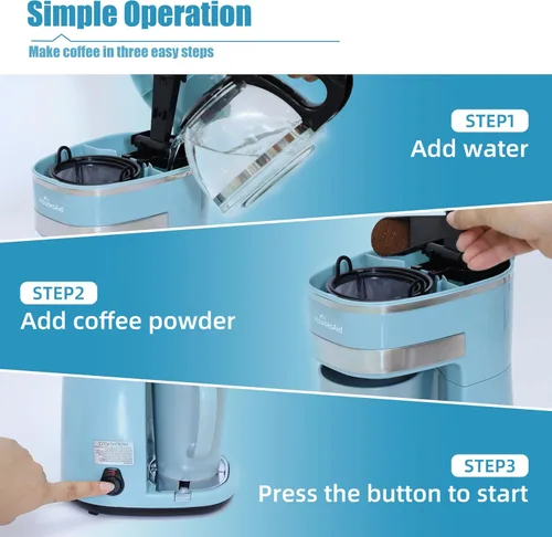 Miniatura 6 de Cafetera, cafetera de una sola porción, cafetera de una taza con filtro reutilizable y botón de control de un solo toque, cafetera portátil para Azul