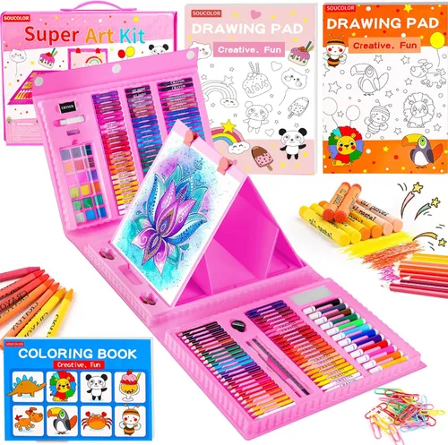 Soucolor Suministros de arte, juego de dibujo de 283 piezas con caballete de arte tríptico, 2 blocs de dibujo, 1 libro para colorear, crayones, Rosa