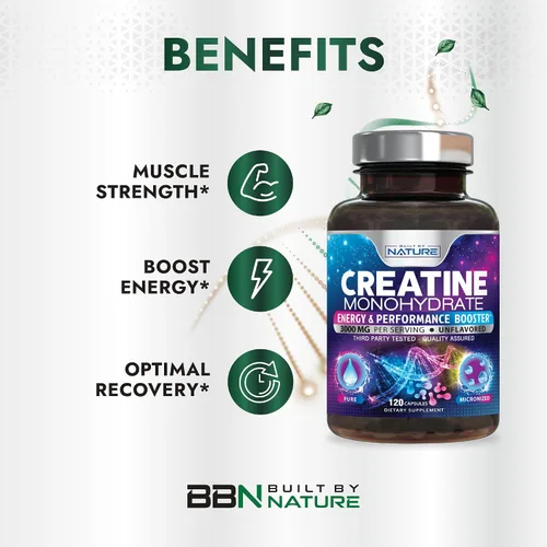 Miniatura 4 de Built by Nature Píldoras de monohidrato de creatina, suplemento de creatina micronizada para hombres y mujeres, fuerza muscular, energía