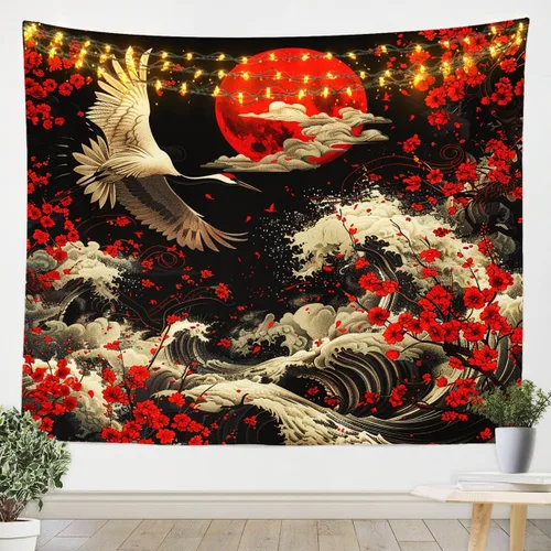 Miniatura 8 de Erosebridal Arte de pared de dragón oriental para colgar en la pared, estilo japonés, montaña, mar, océano, decoración de pared, tapiz impreso