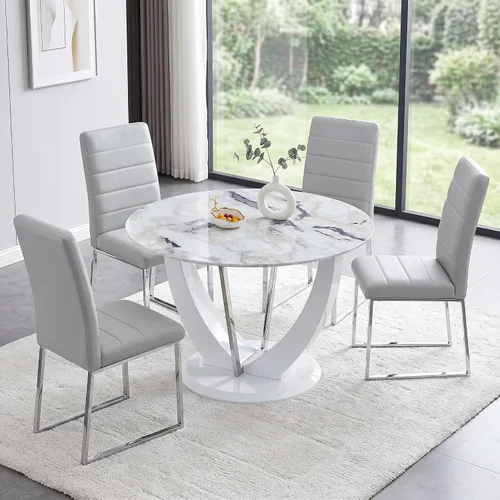 Miniatura 50 de Juego de mesa de comedor redonda para 4, mesa moderna de 48" con tapa de mármol sintético falso y pedestal brillante negro, juego de mesa de cocina