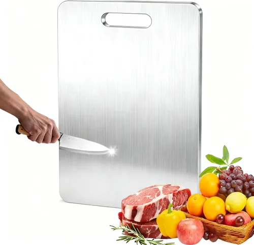Tabla de cortar de acero inoxidable 304 para cocina, tabla de cortar de doble cara con mango para carne, verduras, frutas y pan, fácil de limpiar,