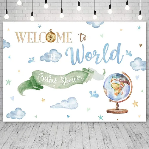 Miniatura 2 de Fondo de bienvenida al mundo de 7 x 5 pies, tema de aventura mundial, decoración de baby shower, fotografía en acuarela, fondo para sesión de fotos