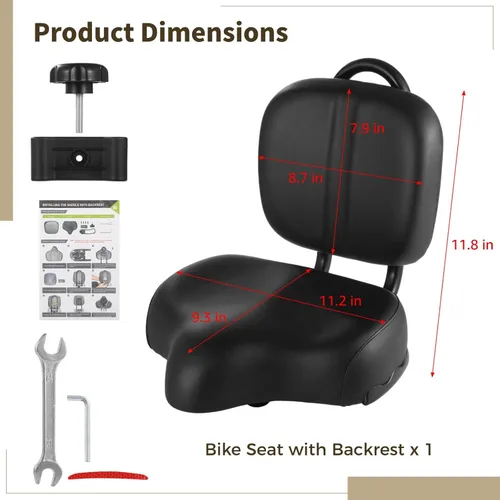 Miniatura 4 de Asiento de bicicleta con respaldo, asiento de bicicleta extra ancho con soporte trasero, asiento de bicicleta extragrande con cojín acolchado
