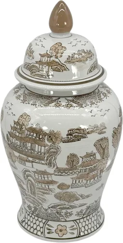 Miniatura 2 de Galt International Jarrón de Templo de Cerámica Chinoiserie Floral Marrón y Blanco de 18" con Tapa - Jarrón de Jengibre Decoración para Hogar