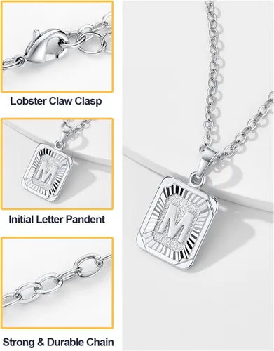 Miniatura 5 de U7 Collar con monograma A-Z 26 letras colgantes chapado en oro de 18 quilates, chapado en platino, collares cuadrados con inicial mayúscula