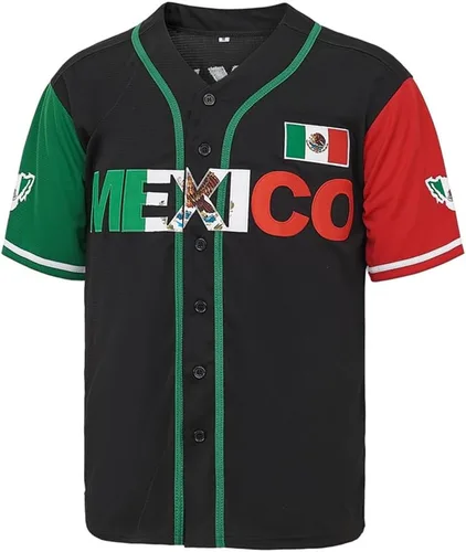 Miniatura 2 de Men's #56#1 Mexico Jersey Button Down Short Sleeve Hipster Hip Hop Baseball Jersey