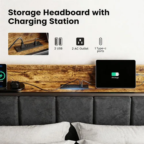 Miniatura 4 de Liians Base de cama LED de tamaño matrimonial con estación de carga y cabecera de almacenamiento, plataforma de metal, no necesita somier, fácil