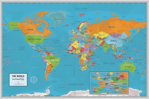 Póster laminado del mapa del mundo académico | Versión educativa de escuela primaria | Etiquetas grandes fáciles de leer | 36 x 24 pulgadas | Se