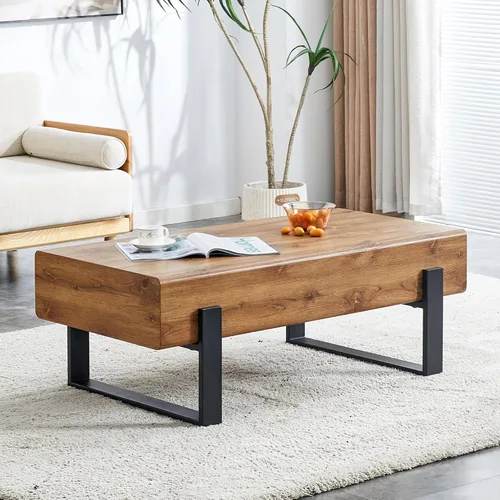 Mesa de centro rectangular rústica de 47.24 pulgadas MDF con patas de metal para sala de estar, comedor, dormitorio, oficina A-rectángulo-marrón