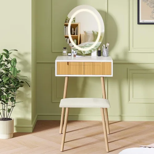Miniatura 6 de Tocador pequeño con espejo y luces, tiradores de madera con taburete acolchado, 3 modos de iluminación, mesa redonda de maquillaje con rieles