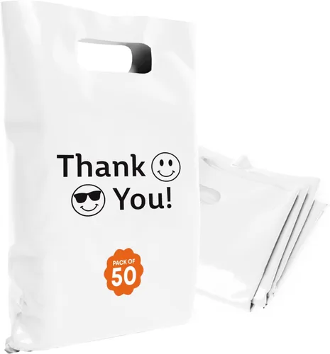 Miniatura 25 de Bolsas de plástico con asas – Bolsas de mercancía de 12 x 15 pulgadas para pequeñas empresas – Bolsas troqueladas para compras minoristas y Negro
