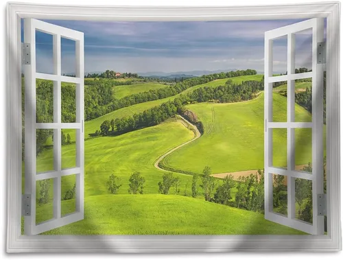 Miniatura 7 de Tapiz de naturaleza, montañas majestuosas en la temporada de primavera con cielo de hierba fresca y paisaje de cabaña de campo, vista de ventana