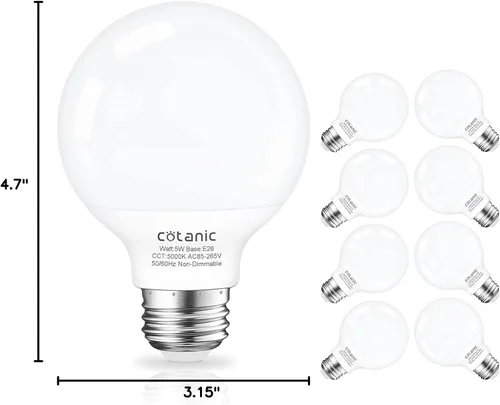 Miniatura 8 de Cotanic Bombillas de globo de luz diurna de 5000 K, base estándar E26, 5 W (reemplazo incandescente equivalente a 60 vatios), 500 lm, no regulable