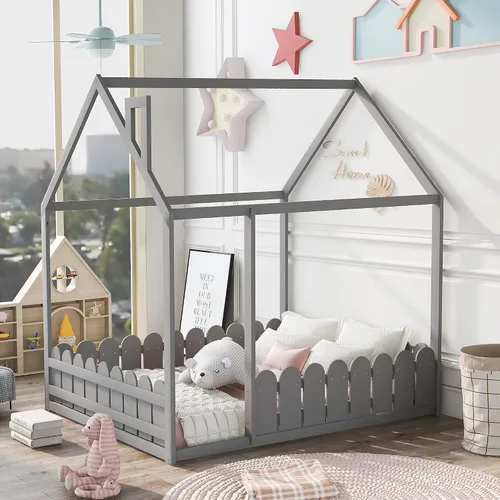 Miniatura 10 de Merax House Bed Twin Size Wood Bed Frame with Roof and Fence for Girls, Boys, Weight Capacity No Limit (Espresso)
