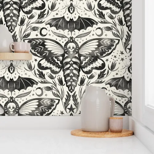 Miniatura 8 de Muestro de papel tapiz extraíble – Acuarela Cráneo Polilla Damasco Negro Blanco Flor Estrellas Elegante Tinta Magia Papel pintado personalizado