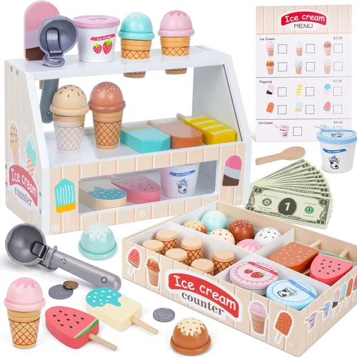 Juego de Heladería de Madera para Niños, Juego de Cocina para Niñas Pequeñas, Juguetes de Simulación para Regalo para Niñas o Niños de 3, 4, 5, 6