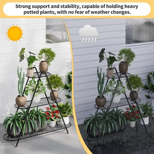 Miniatura 5 de Soporte para plantas para patio, estante de metal de 3 niveles, estante de exhibición para interiores y exteriores, para múltiples macetas, plantas