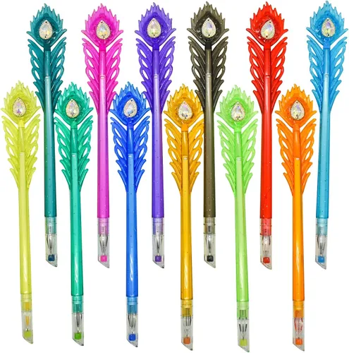 Miniatura 6 de 12 bolígrafos coloridos de plumas de pavo real, bolígrafos de gel de colores con puntas de cabeza de diamante, 24 repuestos, tinta brillante