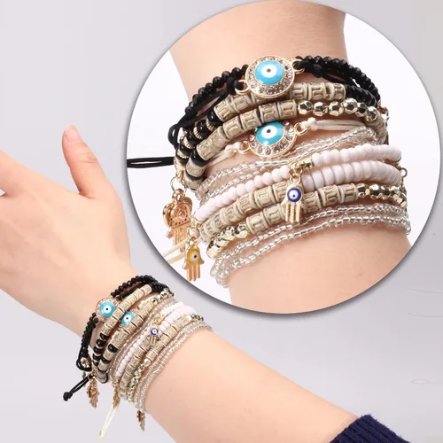 Miniatura 2 de Budsmile Pulseras bohemias de cuentas elásticas para mujeres y niñas, juego de pulseras apilables en múltiples capas, dijes multicolor hechos a