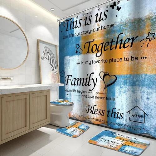 Miniatura 8 de Lnond Juego de 4 Piezas de Cortinas de Ducha para Baño con Alfombras, Azul y Naranja Motivacional Hogar Familia Juegos de Baño con Cortina de Ducha