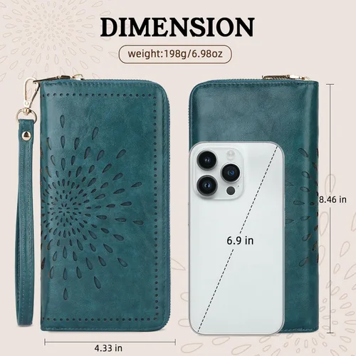 Miniatura 6 de APHISON Billetera para mujer, gran capacidad, monedero, tarjetero, RFID, pulsera, teléfono, cremallera, moneda, bolsillo de viaje azul