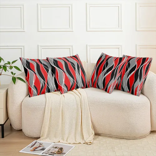 Miniatura 2 de Juego de 4 fundas de almohada geométricas a rayas de 16 x 16 pulgadas, fundas de almohada geométricas de rayas rojas, negras y grises para sofá