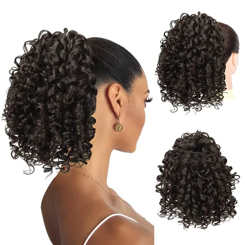 Miniatura 16 de PEACOCO Extensión de cola de caballo rizada con cordón para mujeres negras - Cola de caballo de 6 pulgadas con clip, postizo sintético de afro corto